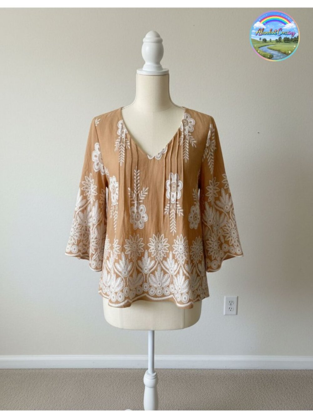 Womens V Neck 3/4 Sleeve Bohemian Floral Tunic Top Loose Fit Blouse